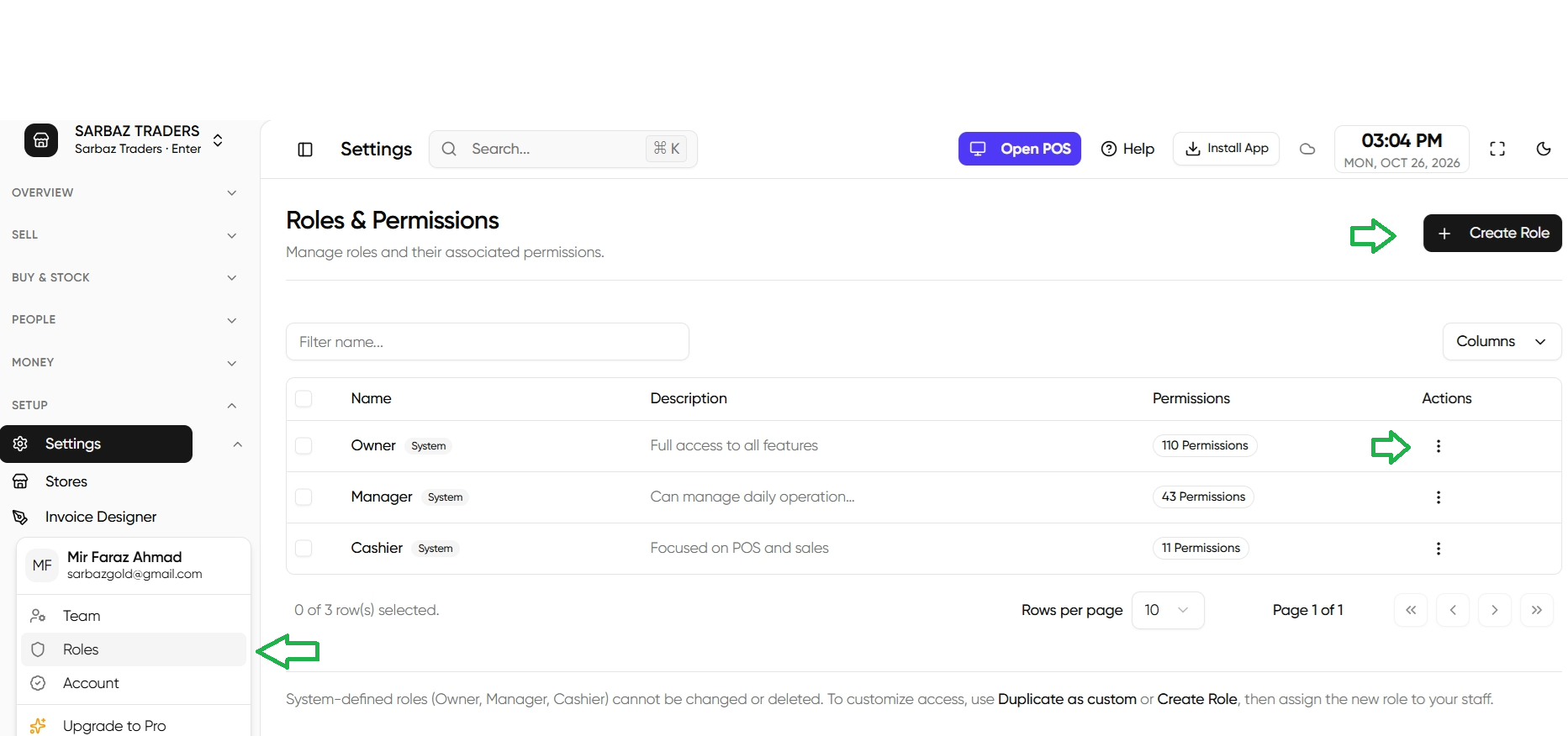 Cashier role with POS and invoice permissions ticked, settings unticked