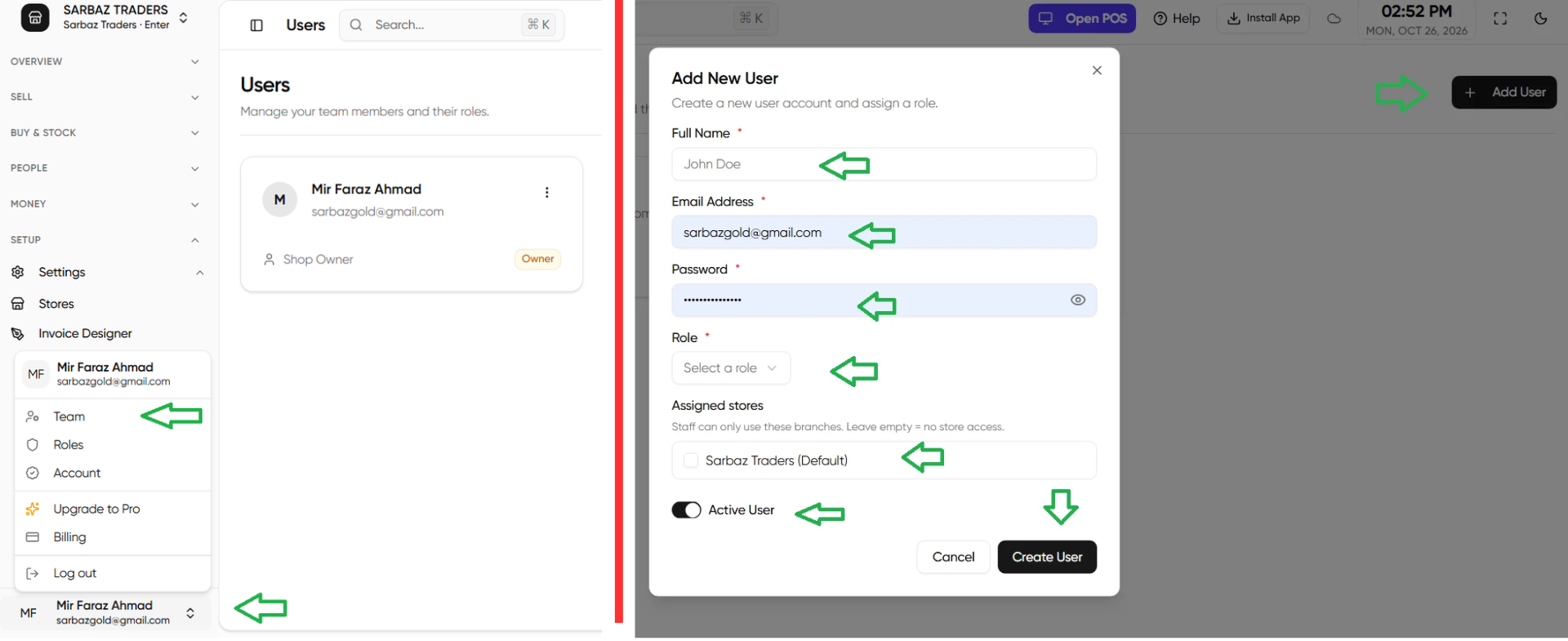 New user form with name, email, password, and role